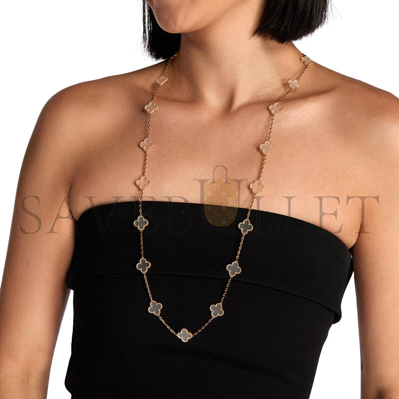 V*n Cl**f ARPELS VINTAGE ALHAMBRA LONG NECKLACE, 20 MOTIFS GOLD AND ROCK CRYSTAL